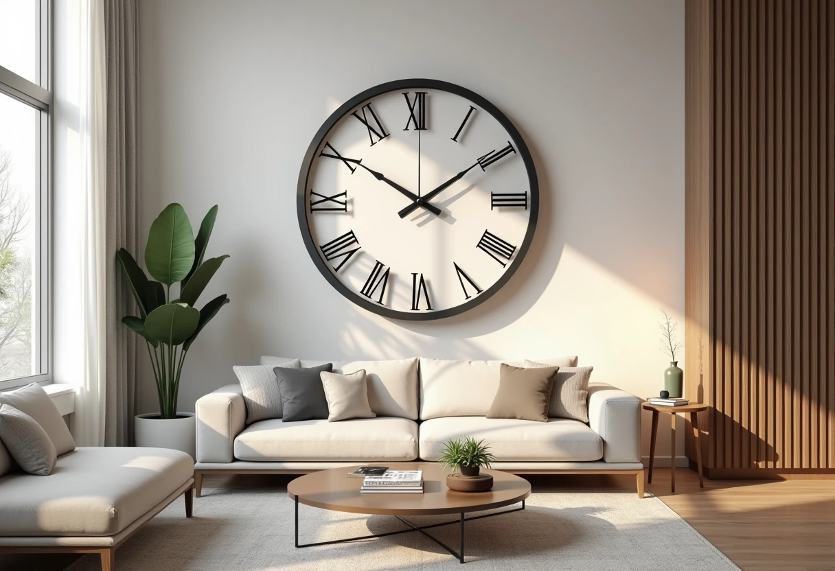 Duży zegar ścienny w salonie – centrum uwagi