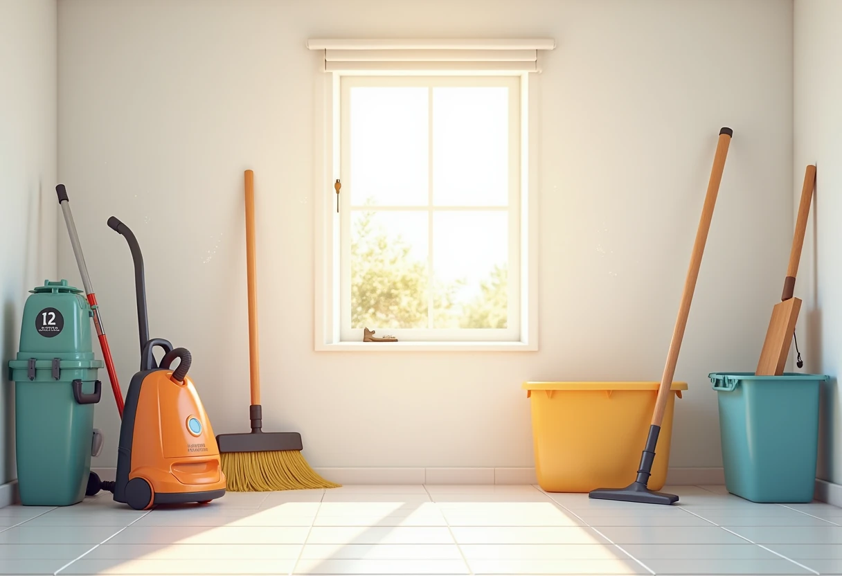 Sprzęt i środki potrzebne do porządków w piwnicy